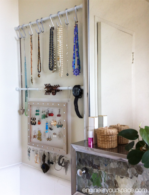 Small bathroom jewelry storage with tension rods