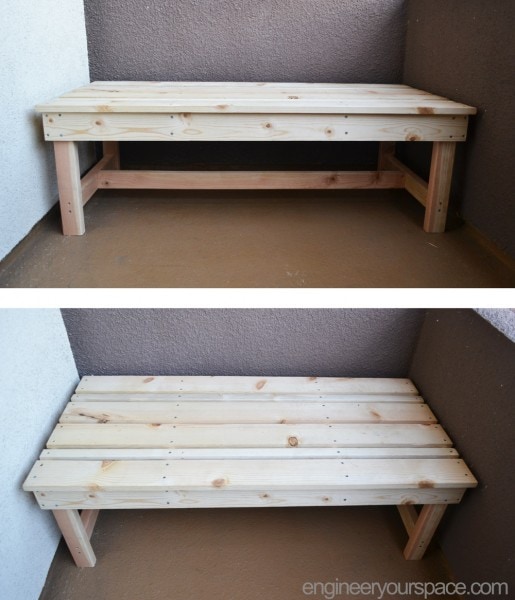 Finished-DIY-outdoor-bench-top-and-front-view-unstained