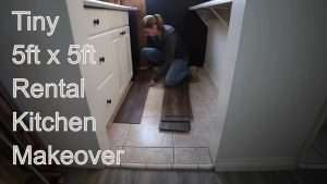Laying down loose-lay vinyl planks over existing tile in rental kitchen